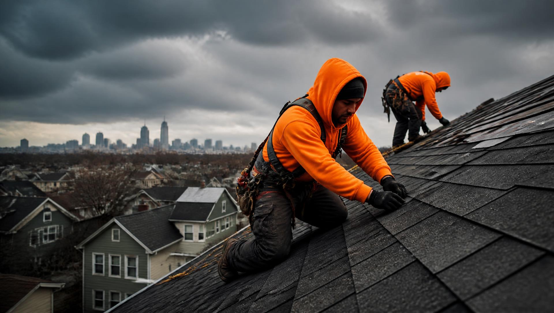 Roofing crew in orange workwear installing asphalt shingles on a Winnipeg rooftop